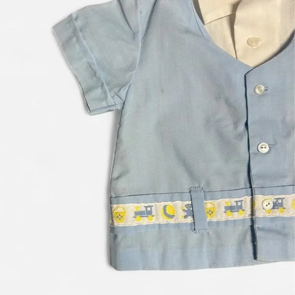 Vintage 70s 0-6 months baby boy outfit blue train button up shirt knit pants